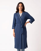 Lightweight wrap kimono robe in dark blue with contrast trim, V-neck, tied waist belt and slit