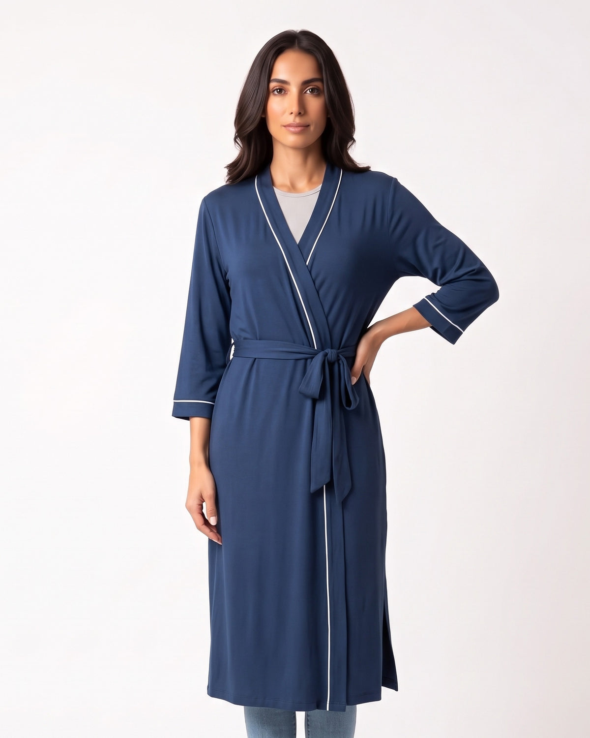 Lightweight wrap kimono robe in dark blue with contrast trim, V-neck, tied waist belt and slit