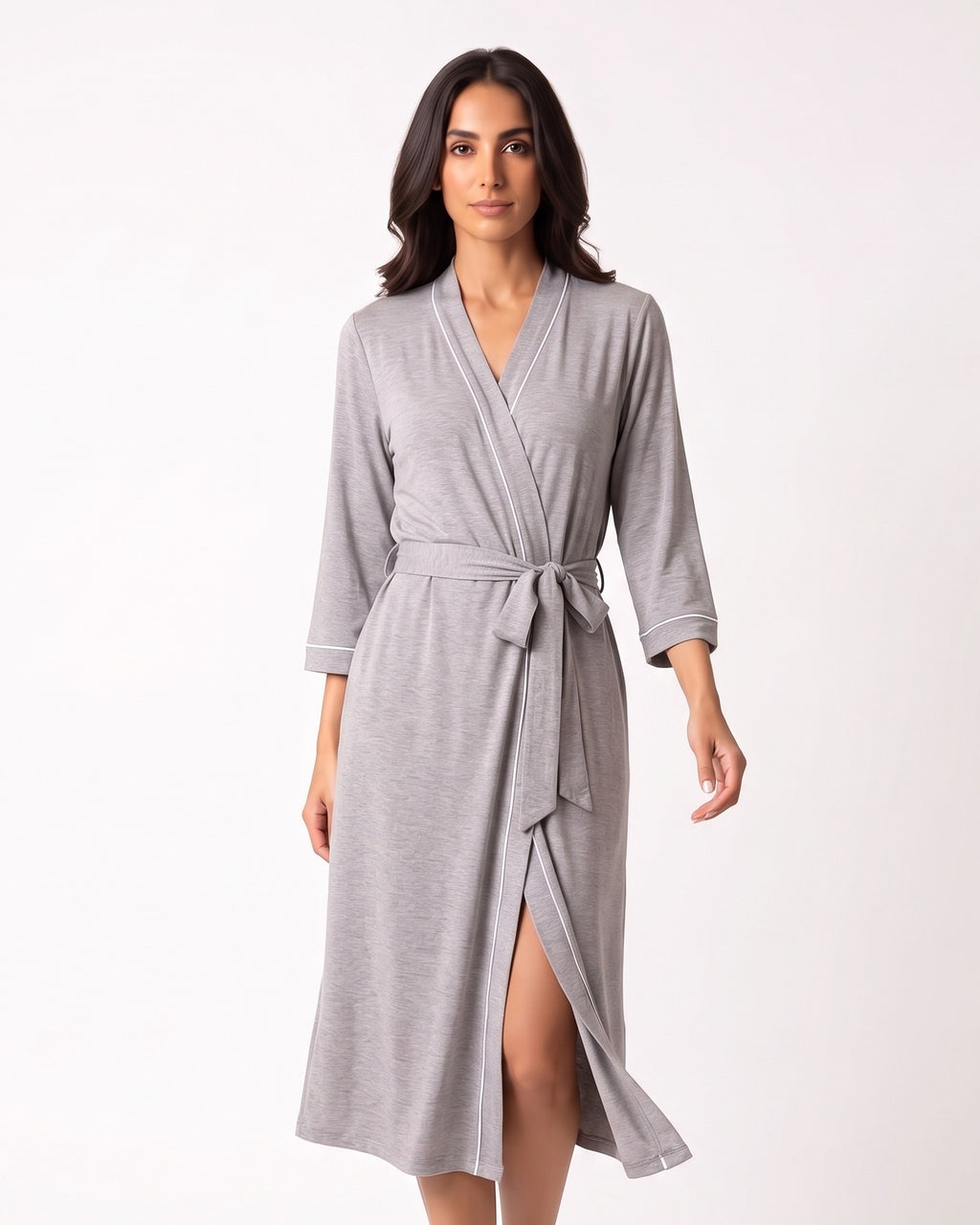 Lightweight wrap kimono robe in heather gray with contrast trim, V-neck and tied waist belt