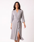 Lightweight wrap kimono robe in heather gray with contrast trim, V-neck and tied waist belt