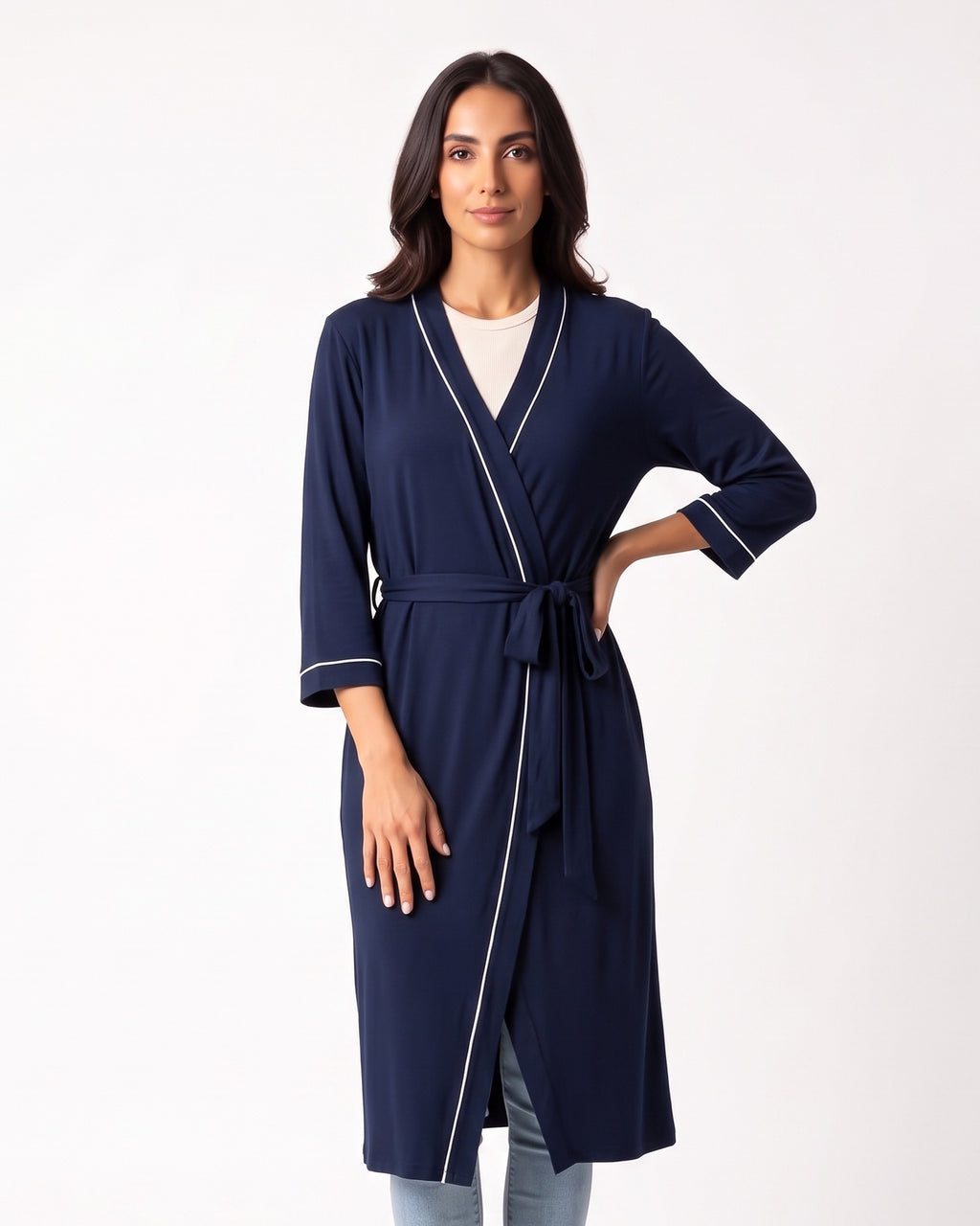 Lightweight wrap kimono robe in navy with contrast trim, V-neck, tied waist belt and side slit