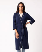 Lightweight wrap kimono robe in navy with contrast trim, V-neck, tied waist belt and side slit