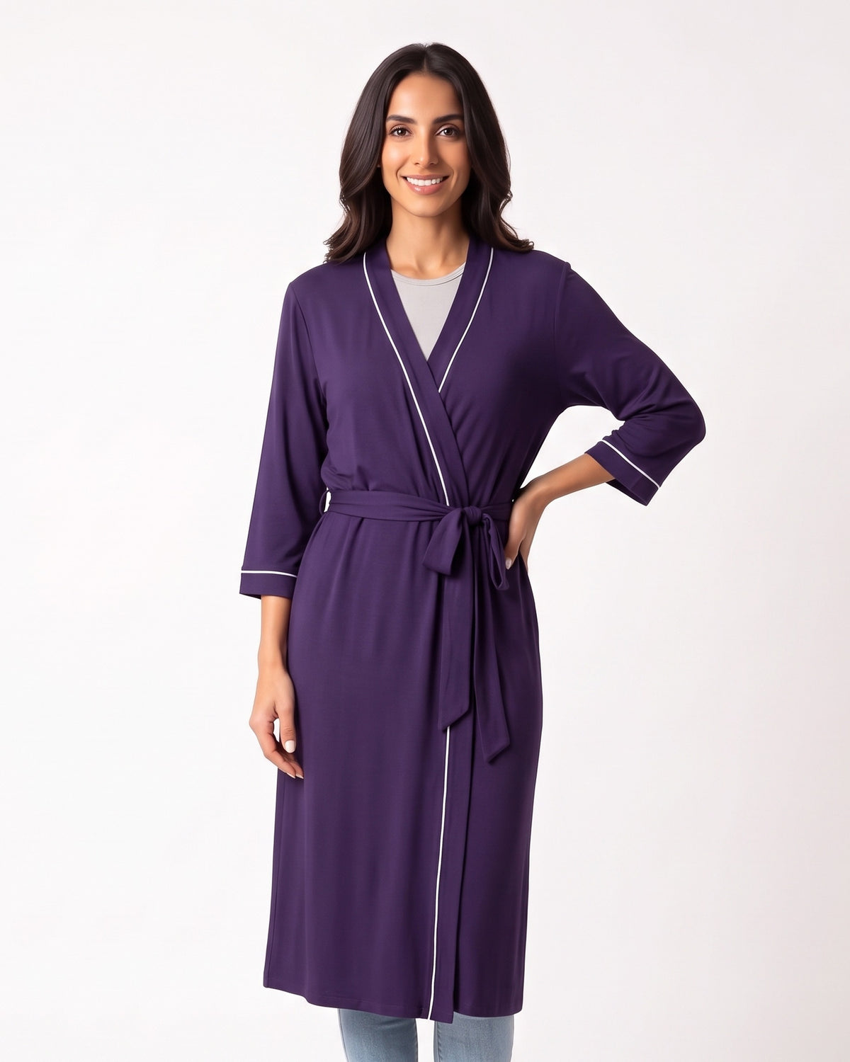 Lightweight wrap kimono robe in purple with contrast trim, V-neck, tied waist belt and slit