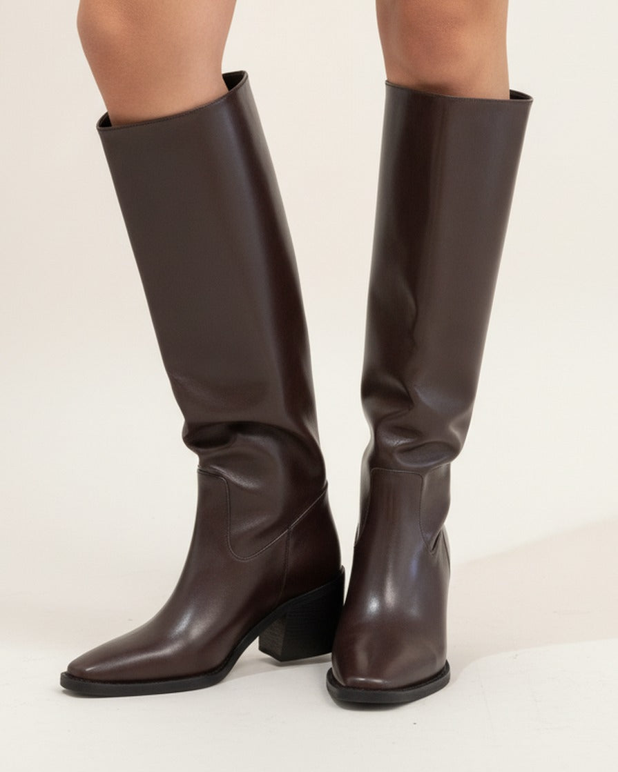Knee-high women's riding boots, pointed toe, block heel, dark brown faux leather