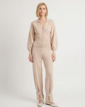 Beige knit polo-collar cardigan and matching wide-leg trousers set for women