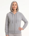 Light gray knit zip-up hoodie with hood and drawstring, front zipper