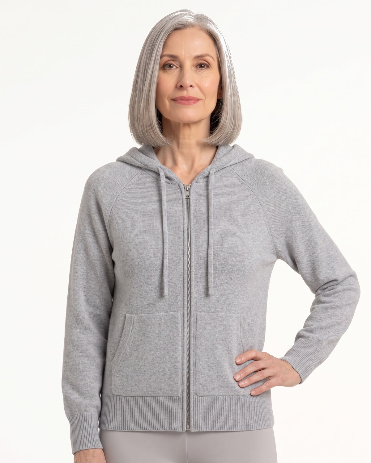 Light gray knit zip-up hoodie with hood and drawstring, front zipper