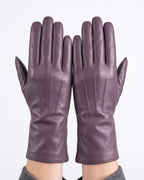 Burgundy leather winter gloves with gray fleece lining and stitched panel details