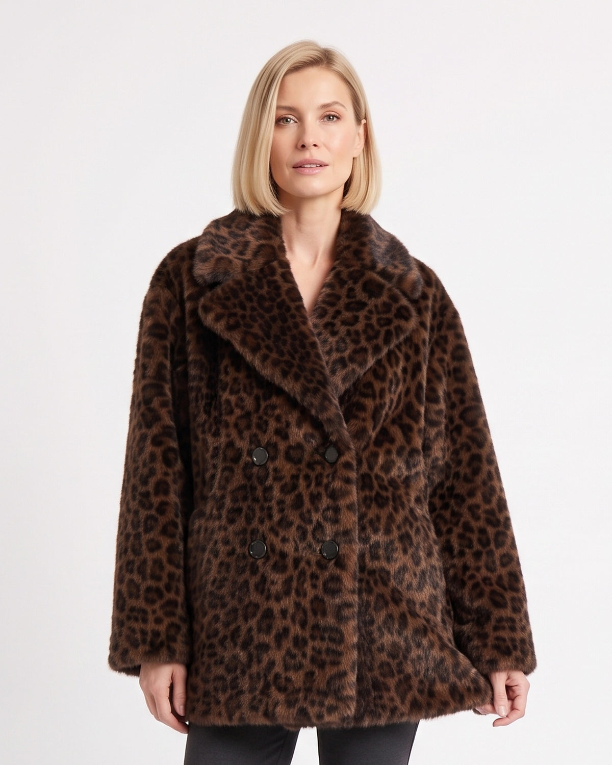 Women's leopard faux fur double-breasted short coat with wide lapel and dark buttons