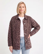 Brown leopard-print denim shacket with button front and chest pocket, oversized fit