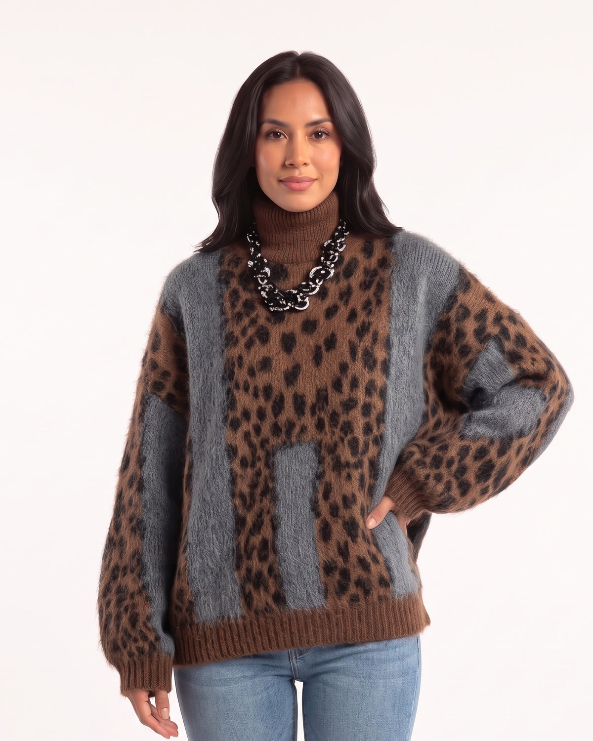Brown and gray color-block leopard sweater with a turtleneck, ribbed hem, and oversized fit