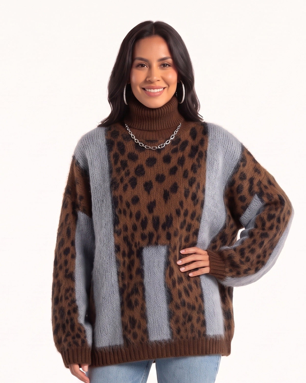 Oversized leopard print turtleneck sweater with brown and gray color-block panels