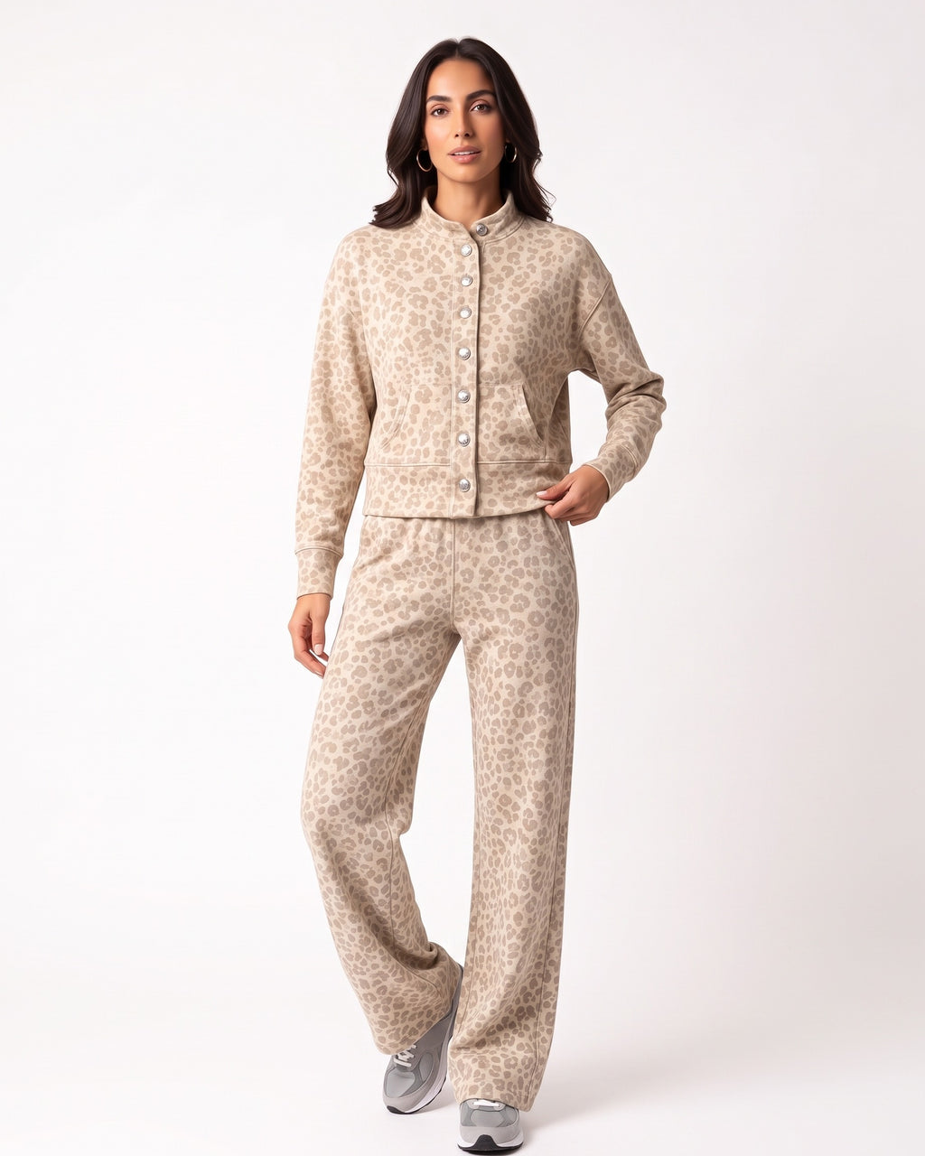 Beige leopard-print two-piece: button-front stand-collar jacket and wide-leg pants