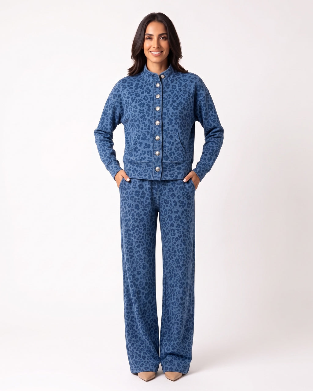 Blue leopard-print two-piece: button-front stand-collar jacket and wide-leg pants