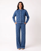 Blue leopard-print two-piece: button-front stand-collar jacket and wide-leg pants