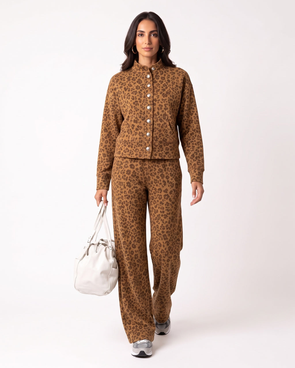 Leopard-print two-piece set with button-front stand-collar jacket and wide-leg pants
