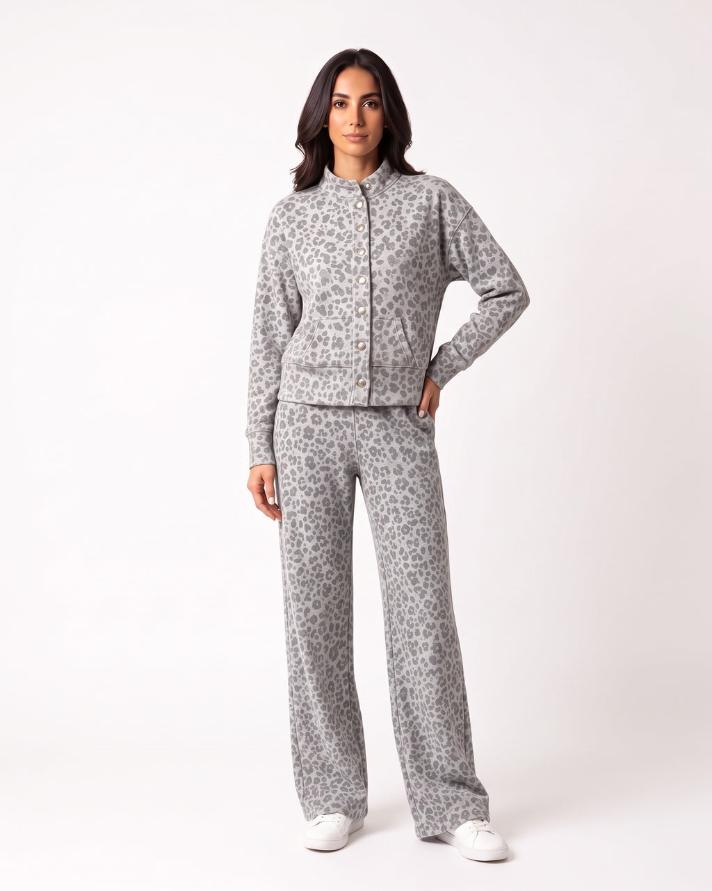 Gray leopard-print two-piece: button-front stand-collar jacket and wide-leg pants
