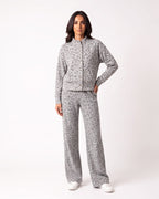 Gray leopard-print two-piece: button-front stand-collar jacket and wide-leg pants
