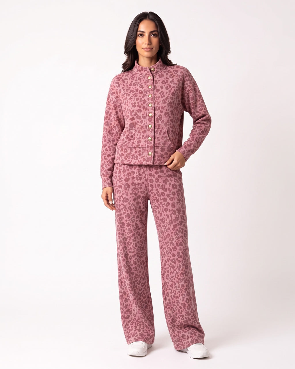 Pink leopard-print two-piece: button-front stand-collar jacket and wide-leg pants