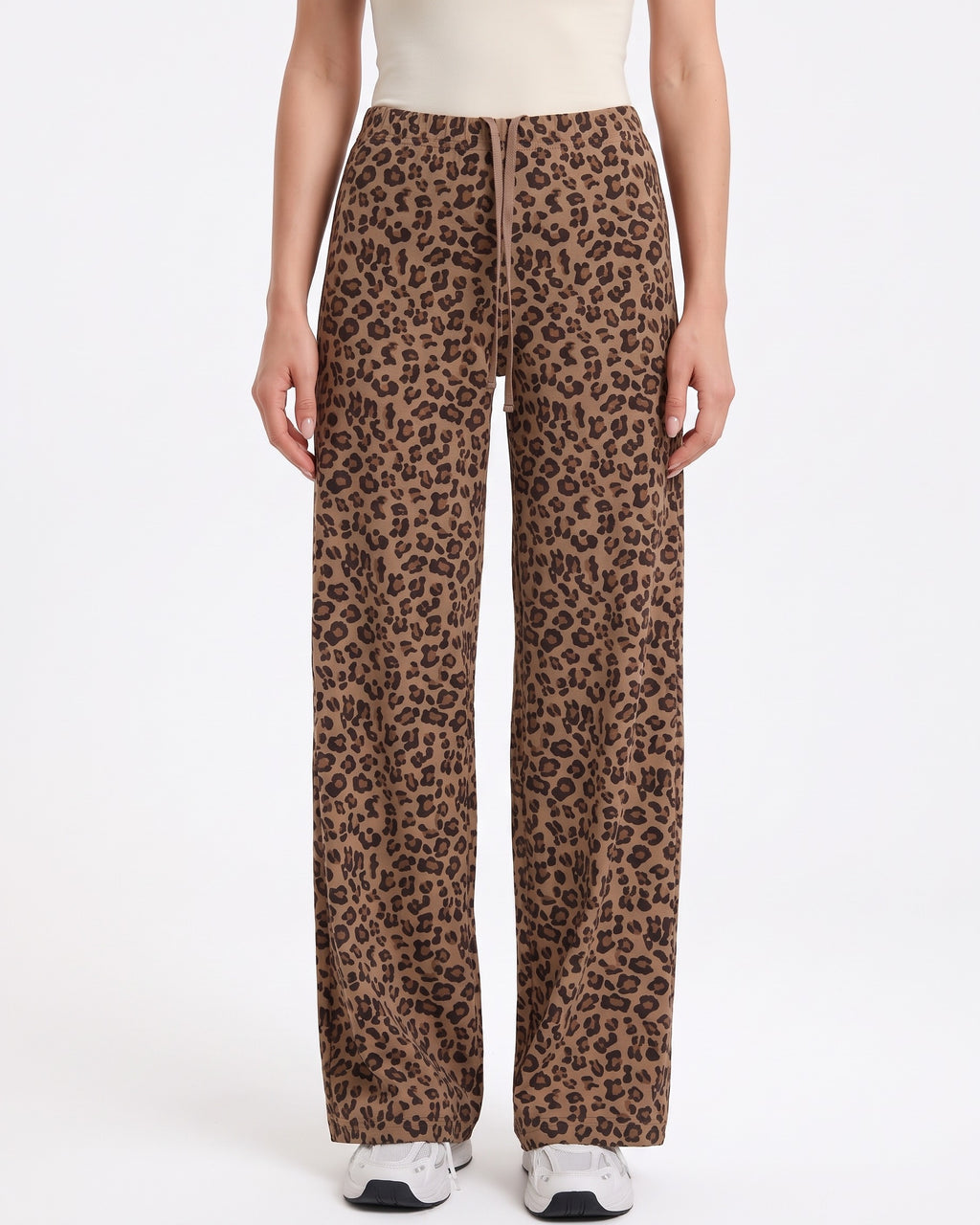 Women's leopard print wide-leg pull-on pants, brown with elastic waistband