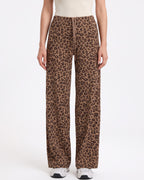 Women's leopard print wide-leg pull-on pants, brown with elastic waistband