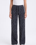Women's leopard print wide-leg pull-on pants, dark gray with elastic waistband