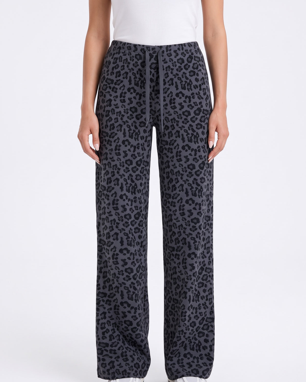 Women's leopard print wide-leg pull-on pants, dark gray with elastic waistband