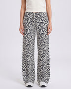 Women's leopard print wide-leg pull-on pants, white with black spots and elastic waist