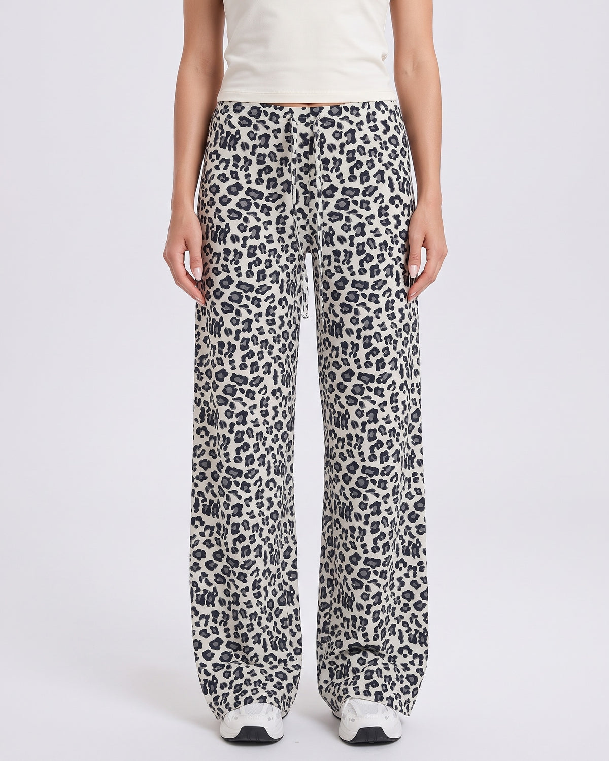 Women's leopard print wide-leg pull-on pants, white with black spots and elastic waist