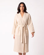 Beige cotton gauze kimono robe with tie belt and front pockets