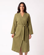 Olive cotton gauze kimono robe with tie belt and front pockets