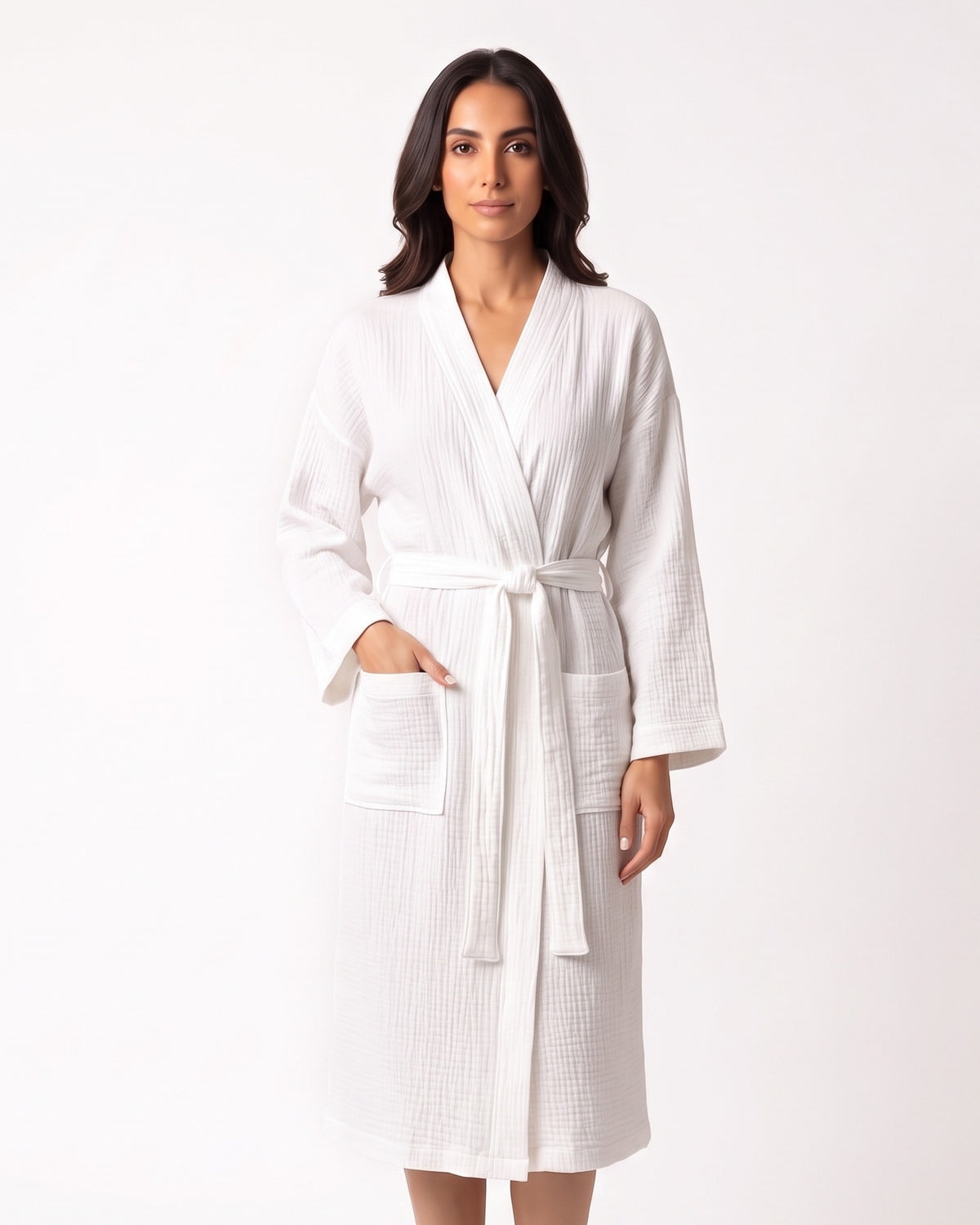 Women's lightweight cotton gauze kimono robe, white, tie belt and front pockets