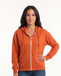 Women’s orange lightweight zip-up hoodie with hood, full front zipper, and side pockets