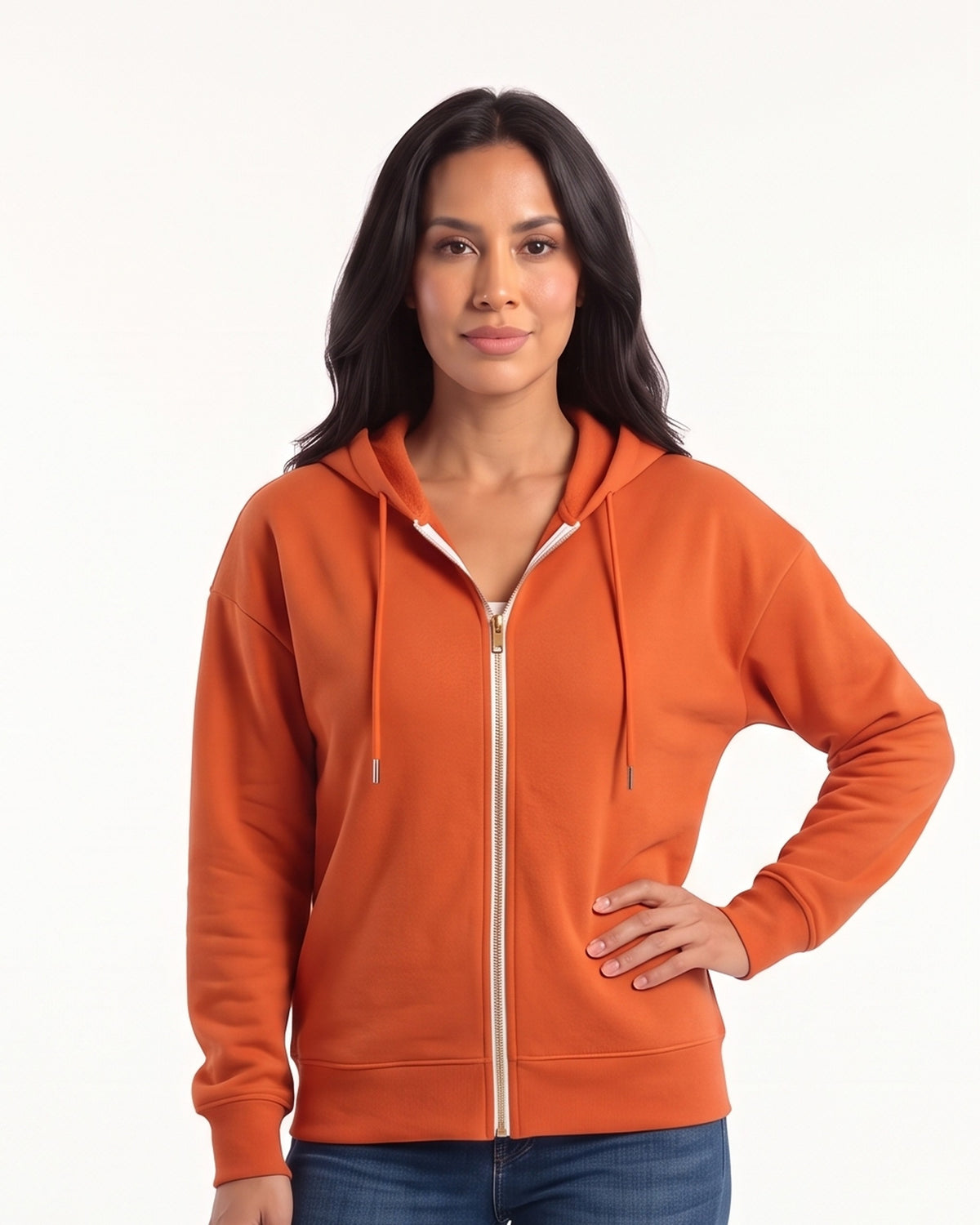 Women’s orange lightweight zip-up hoodie with hood, full front zipper, and side pockets