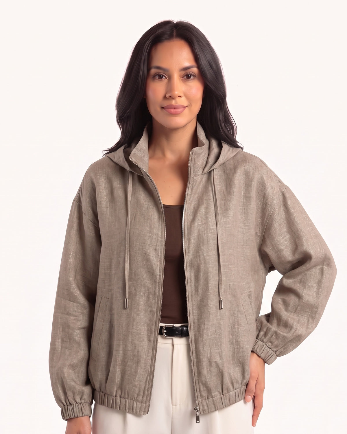 Taupe lightweight hooded zip-up jacket with elastic hem and drawstring hood