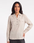 Women's beige linen shirt with collar, long sleeves, button front, two flap pockets