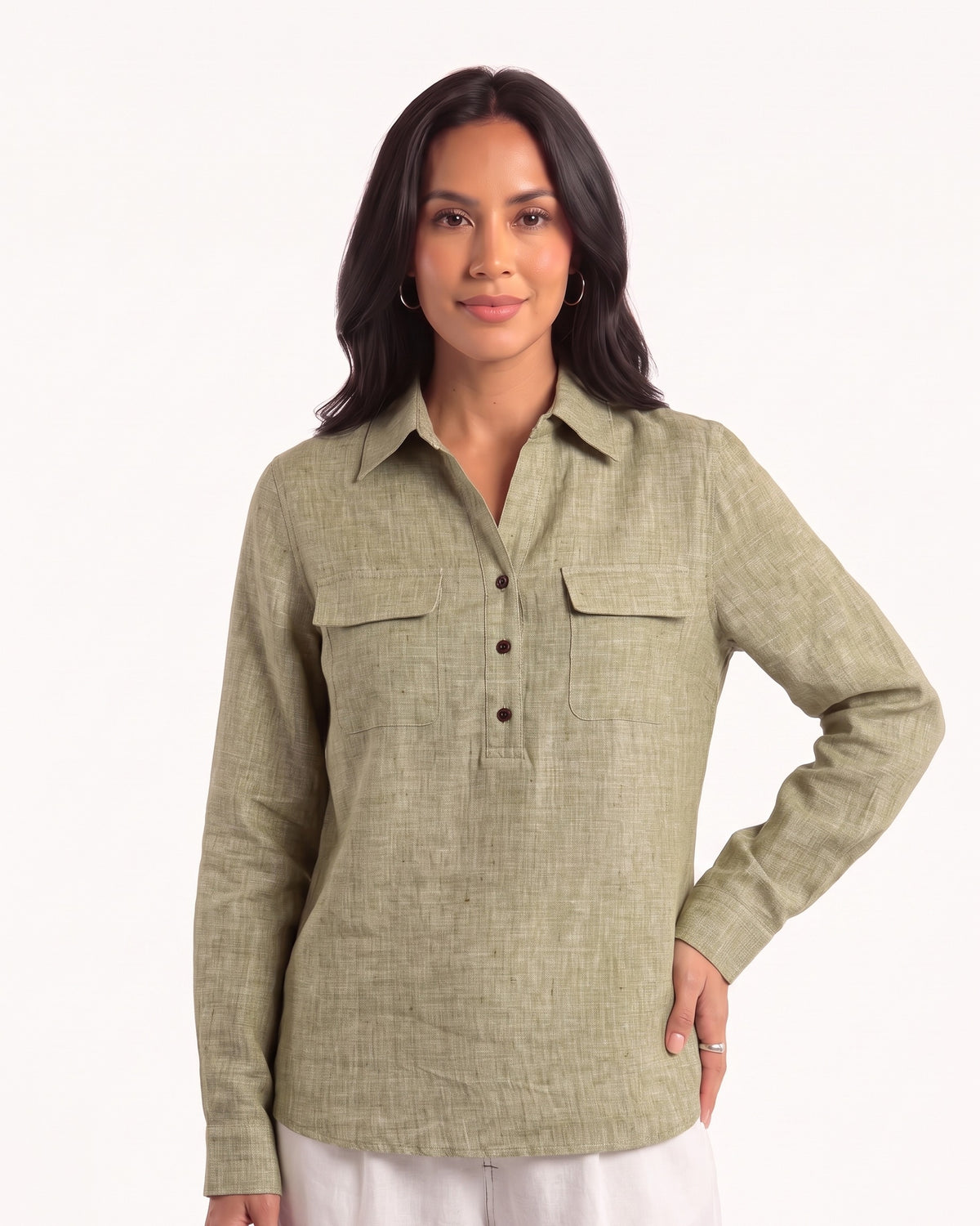 Women's olive linen shirt with collar, long sleeves, button front, two flap pockets