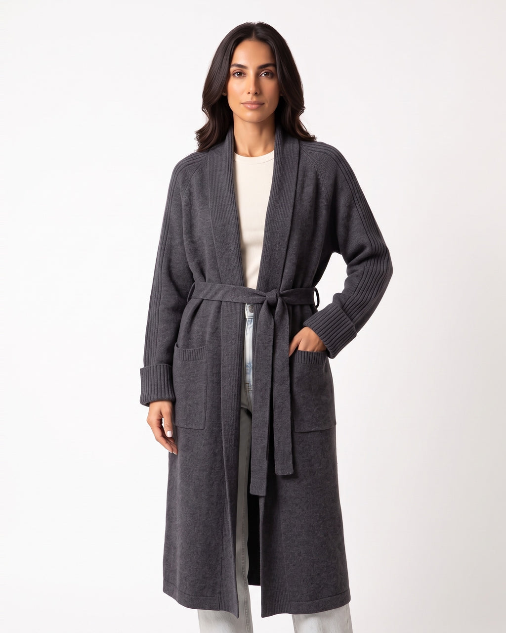 Charcoal-gray long belted cardigan with shawl collar and patch pockets
