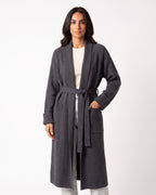 Charcoal-gray long belted cardigan with shawl collar and patch pockets