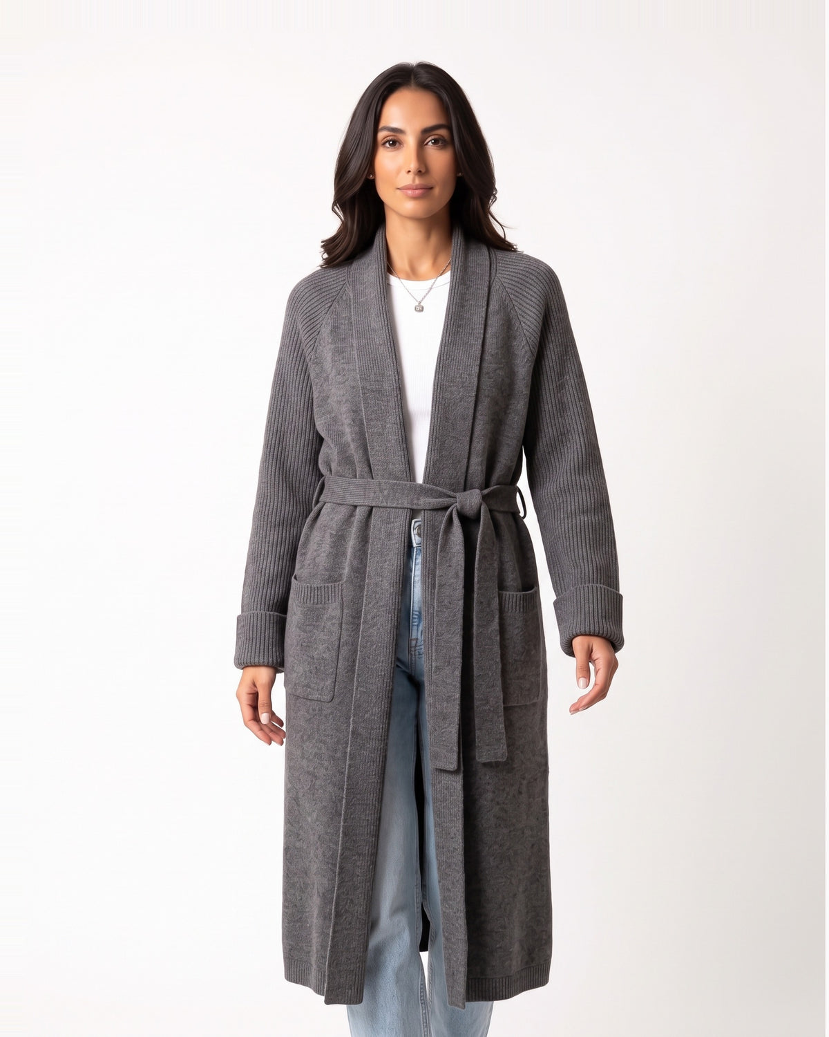 Gray ribbed knit cardigan with belt tie, shawl collar, and patch pockets