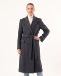 Women’s charcoal gray wool coat, belted longline with peak lapels and flap pockets