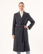 Women’s charcoal gray wool coat, belted longline with peak lapels and flap pockets