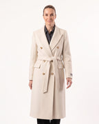 Women’s off-white wool coat, double-breasted with belt tie and peak lapels
