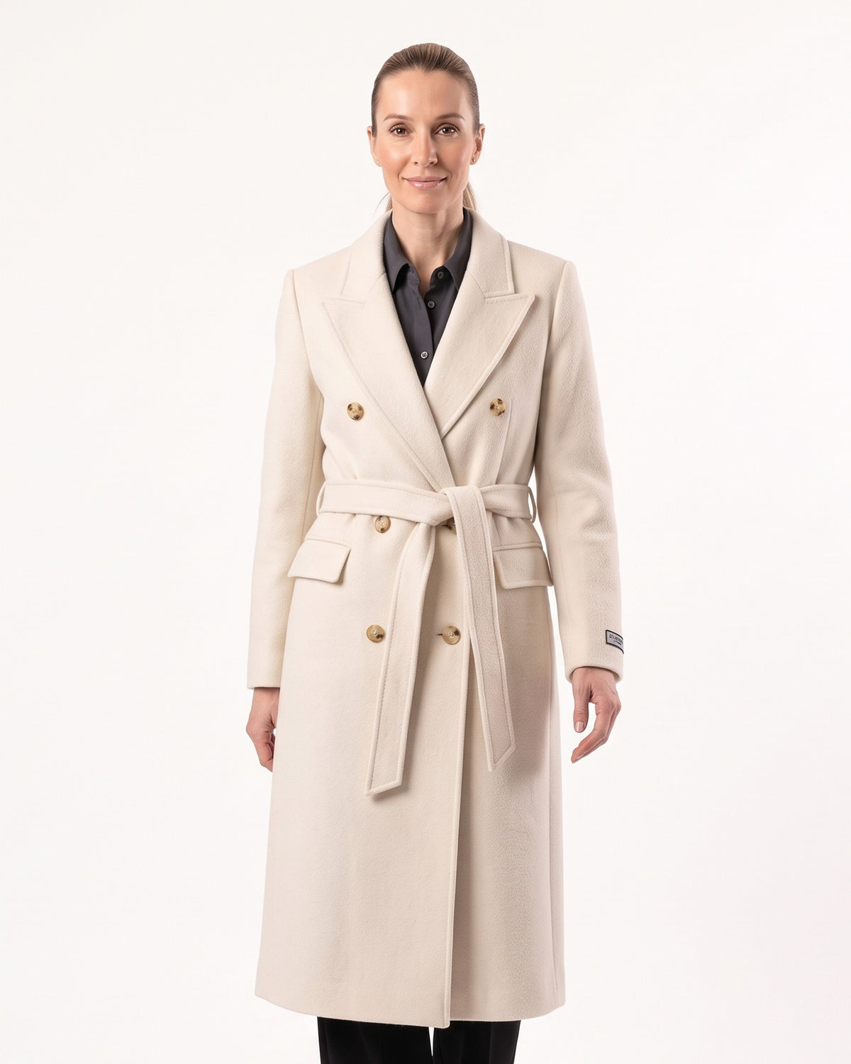 Women’s off-white wool coat, double-breasted with belt tie and peak lapels