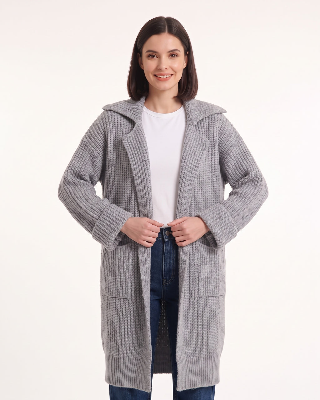 Gray long duster cardigan with notched collar and ribbed knit texture, front view