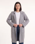 Gray long duster cardigan with notched collar and ribbed knit texture, front view