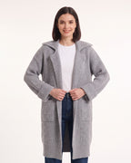 Gray long duster cardigan with notched collar and ribbed knit texture, front view