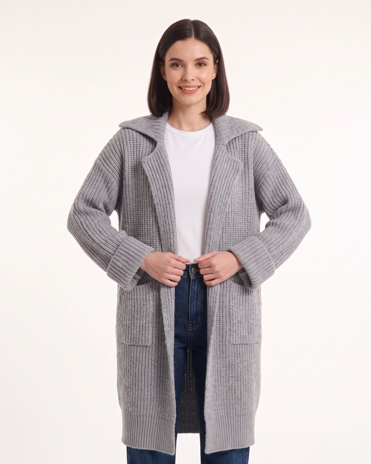 Gray long duster cardigan with notched collar and ribbed knit texture, front view