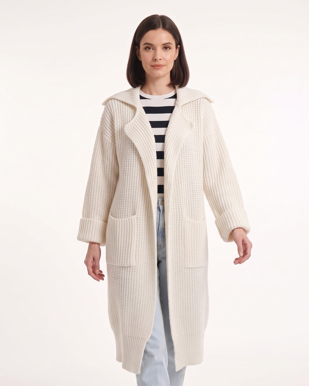 Off-white long duster cardigan in chunky ribbed knit with notched collar and pockets