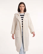 Off-white long duster cardigan in chunky ribbed knit with notched collar and pockets
